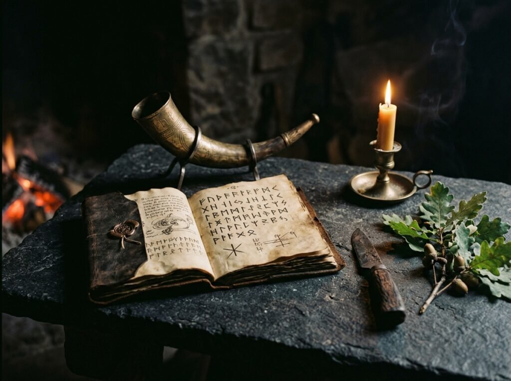 Manuscrito rúnico, chifre de hidromel e faca ritual sobre mesa de pedra — estudo e culto odinista